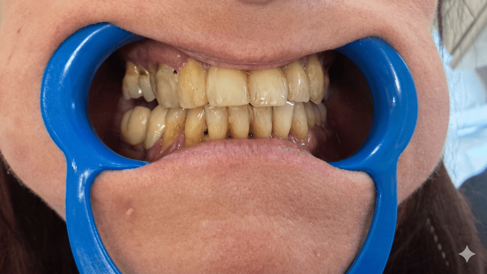 Sorriso con pigmentazioni e disallineamenti prima dello smile makeover