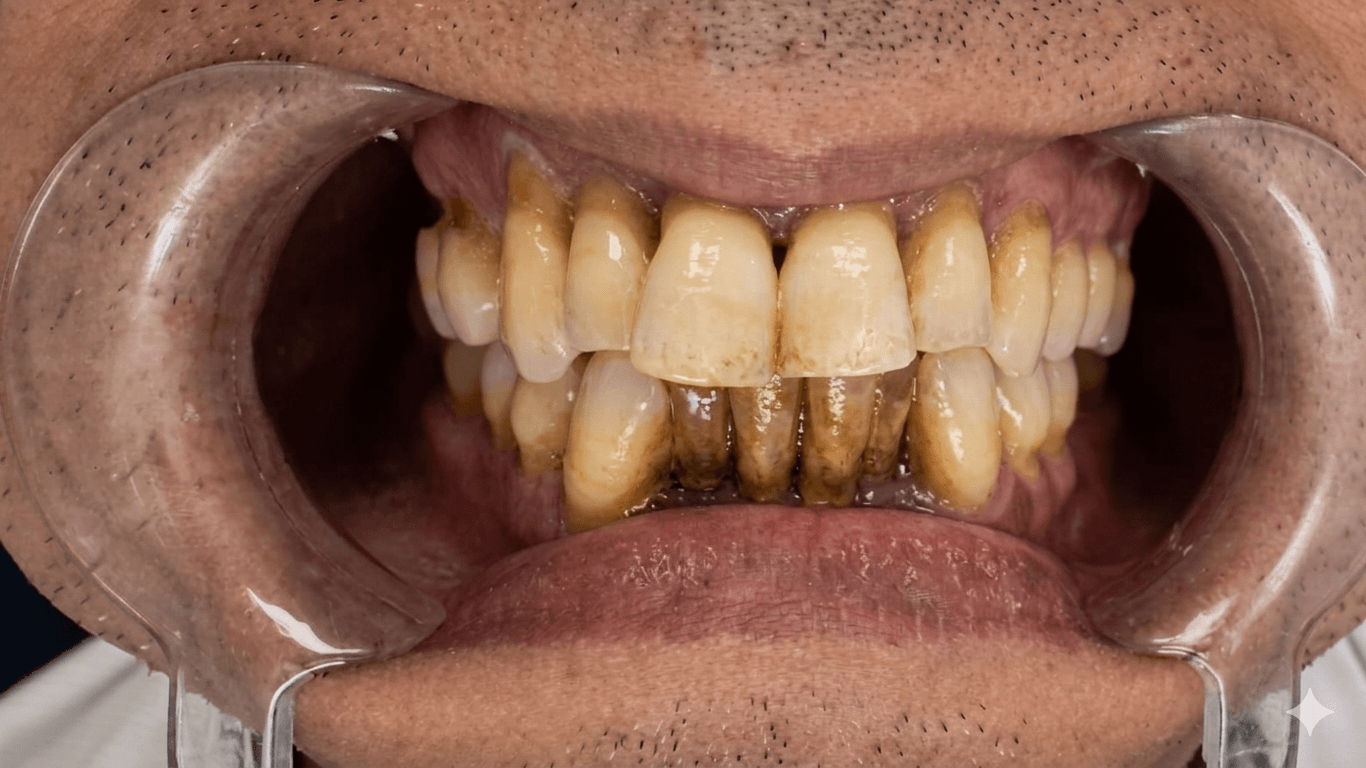 Sorriso con denti usurati e pigmentati prima del trattamento estetico